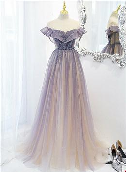 Picture of Light Purple Shiny Tulle Gradient A-line Sweetheart Formal Dresses, Long Tulle Formal Dresses